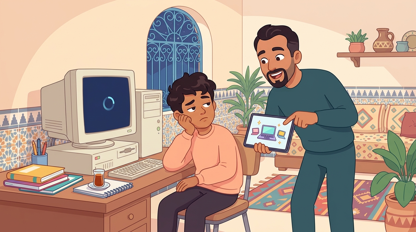 Un garçon s'ennuie devant un vieil ordinateur qui charge ; son papa lui montre de nouveaux portables sur une tablette